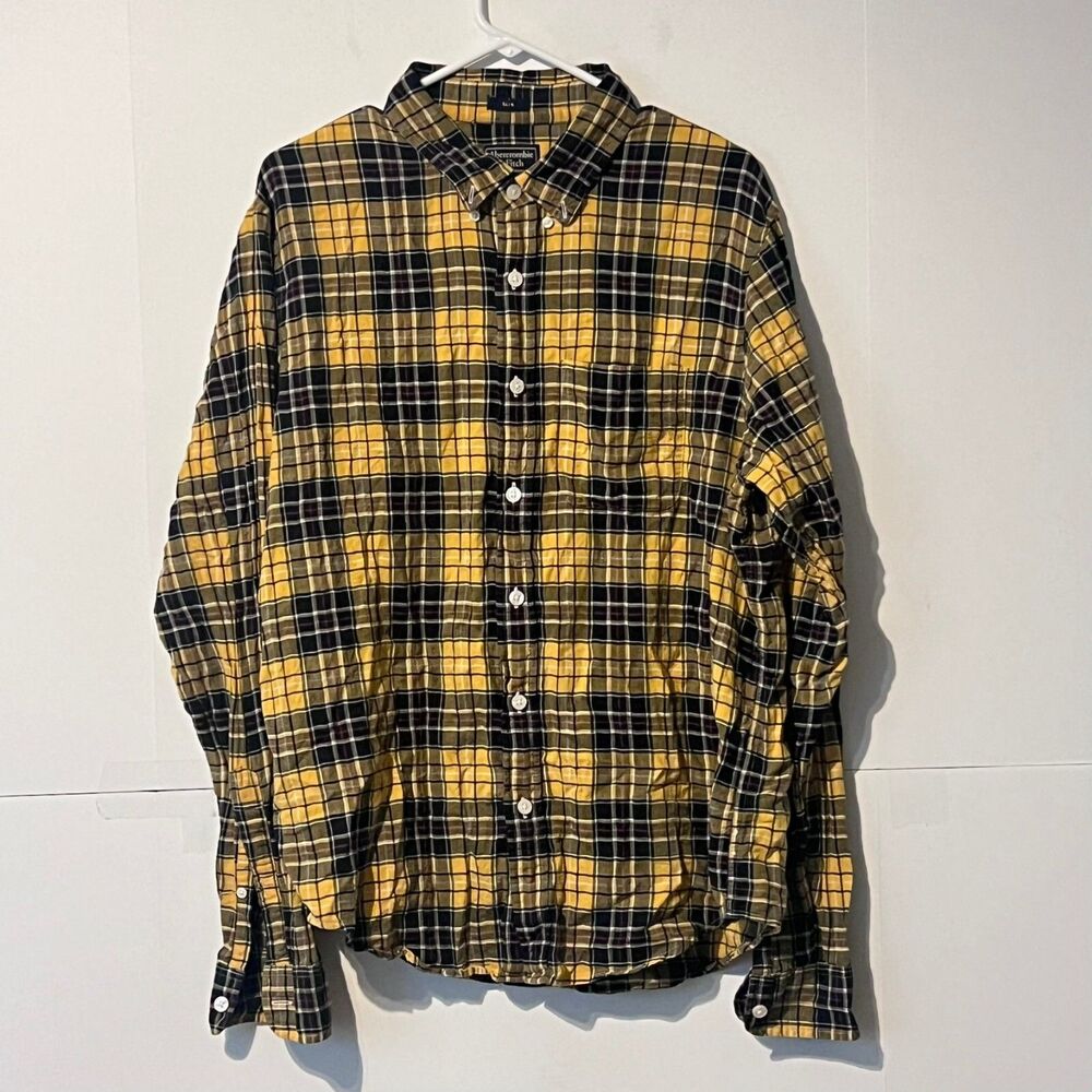 Vintage Abercrombie Fitch Mens Shirt Size 2XL Yellow Black Plaid Slim Fit Soft